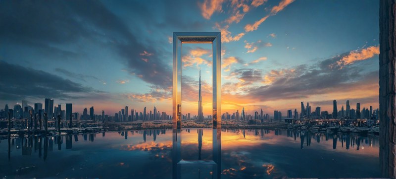 Dubai Frame landmark at sunset