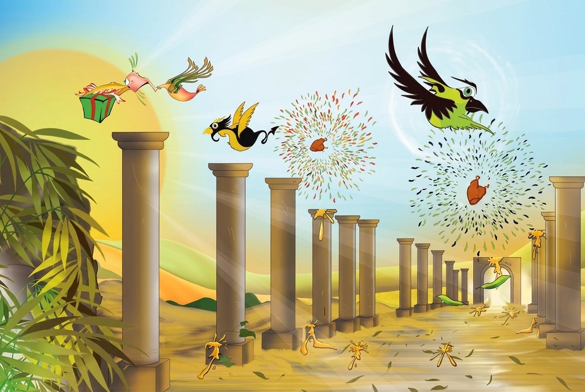 Birdy Nam Nam: stylized birds over desert columns