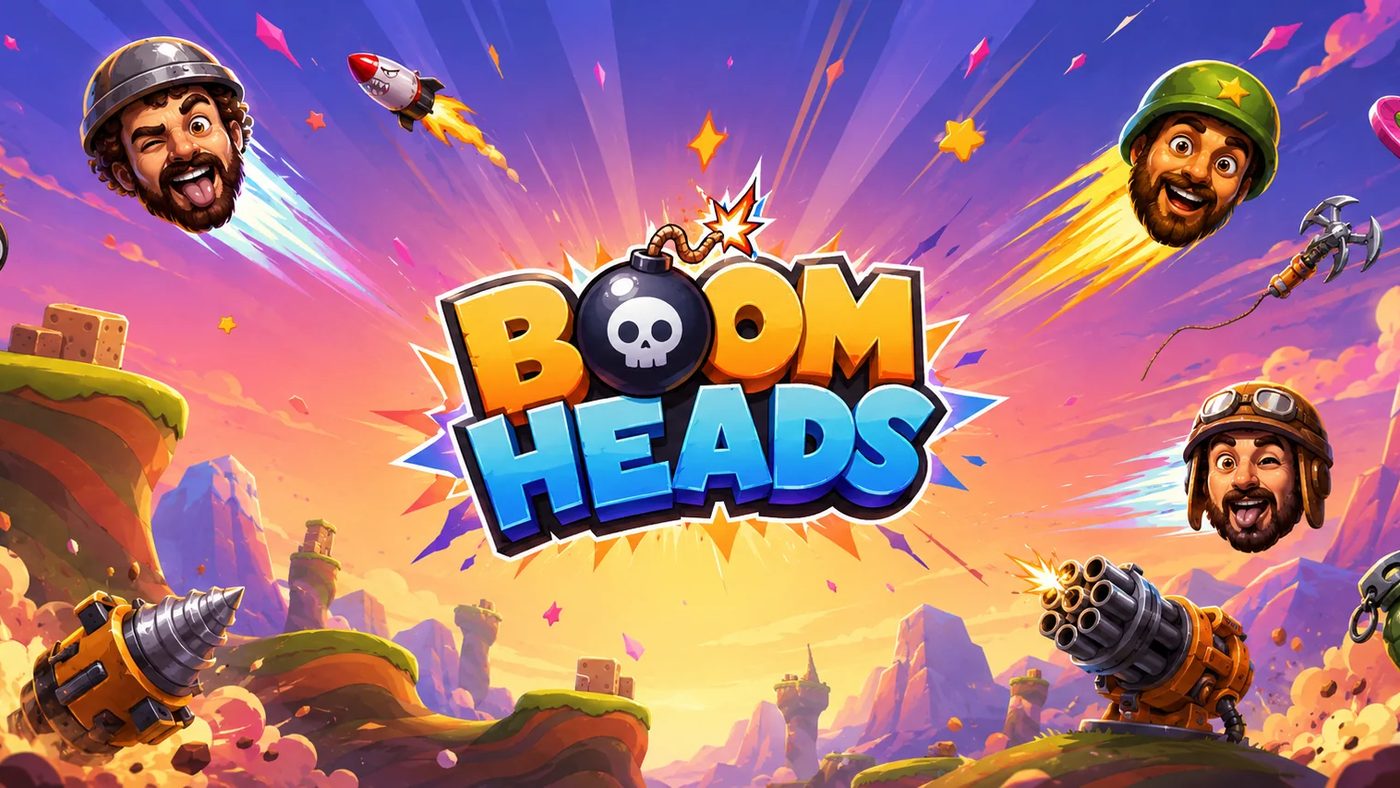 Boom Heads: cartoon heads and cannons over a crumbling island arena