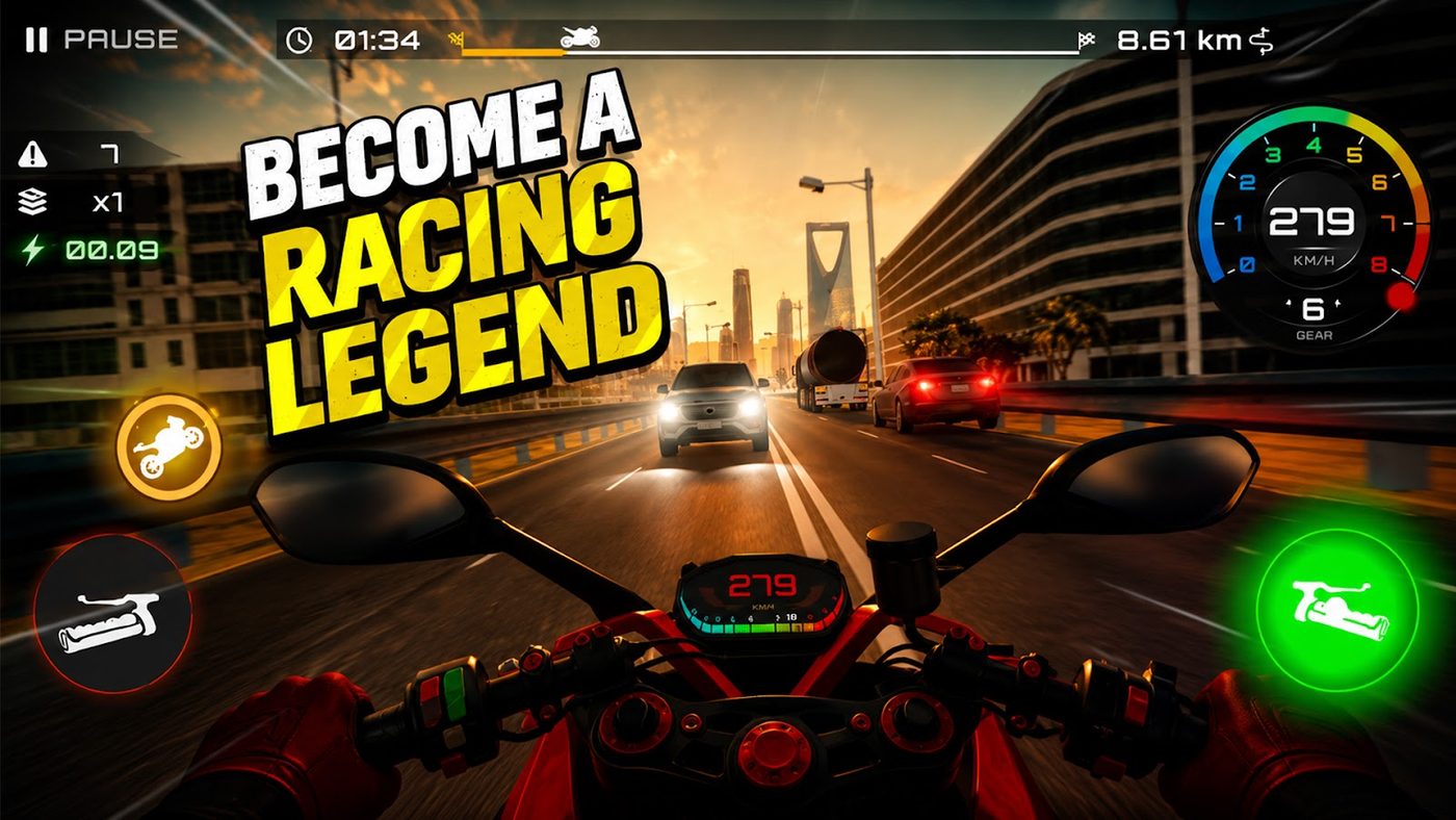 Yalla Ride: first-person motorcycle racing past the Riyadh skyline at sunset